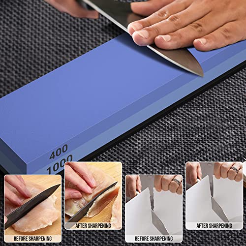 YeopAsda Knife Sharpening Stone Set - Premium 4 Side Grit 400/1000 3000/8000 Whetstone Sharpener Kit - Non-Slip Bamboo Base,Cut Resistant Gloves, Angle Guide,Flatting Stone,Honing Guide,Leather Strop