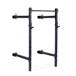 titan fitness t-3 series 82-inch wall mounted folding power rack, space savings rack, folds up to 5â€ from the wall