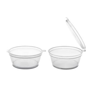 party essentials leak proof plastic condiment souffle containers with attached airtight portion cup with hinged lid for sauces, samples, slime, jello shot, storage, craft, 100 sets, 2 oz, clear