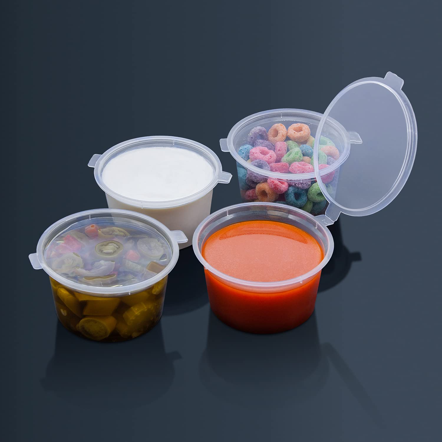Party Essentials Leak Proof Plastic Condiment Souffle Containers with Attached Airtight Portion Cup with Hinged Lid for Sauces, Samples, Slime, Jello Shot, Storage, Craft, 100 Sets, 2 oz, Clear