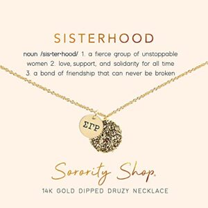 sorority shop sgr necklace - sigma gamma rho metallic gold druzy gemstone necklace with engraved pendant – 14k gold dipped jewelry with red gemstone – sorority gift, charm paraphernalia
