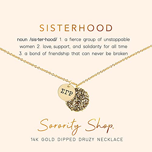 Sorority Shop SGR Necklace - Sigma Gamma Rho Metallic Gold Druzy Gemstone Necklace With Engraved Pendant – 14K Gold Dipped Jewelry with Red Gemstone – Sorority Gift, Charm Paraphernalia