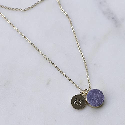 Sorority Shop SGR Necklace - Sigma Gamma Rho Metallic Gold Druzy Gemstone Necklace With Engraved Pendant – 14K Gold Dipped Jewelry with Red Gemstone – Sorority Gift, Charm Paraphernalia