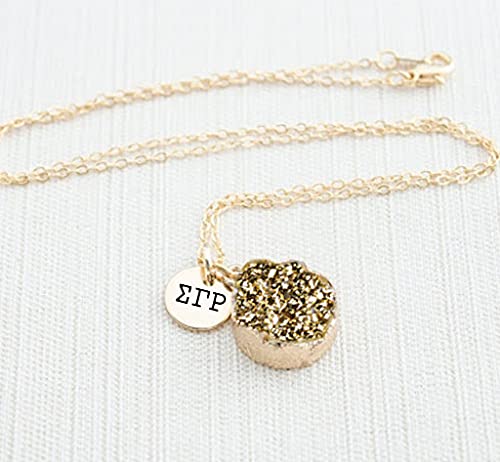 Sorority Shop SGR Necklace - Sigma Gamma Rho Metallic Gold Druzy Gemstone Necklace With Engraved Pendant – 14K Gold Dipped Jewelry with Red Gemstone – Sorority Gift, Charm Paraphernalia