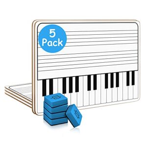 5 Pack 11 x 14 Inch Piano Board Dry Erase White Boards Lapboard l Double Sided Music Staff whiteboard for Kids Students, Musicians and Home (5 Erasers Included)