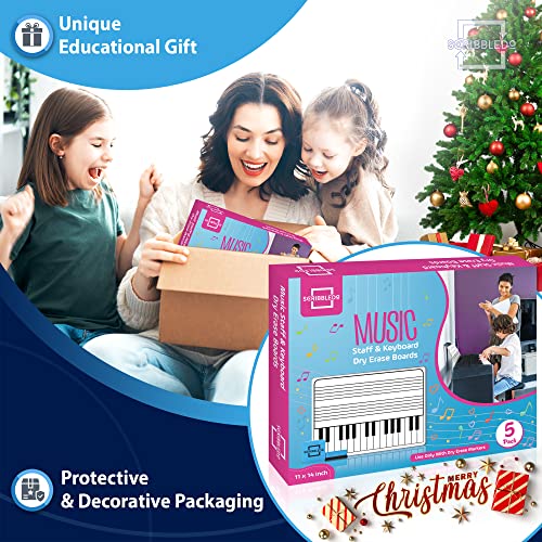 5 Pack 11 x 14 Inch Piano Board Dry Erase White Boards Lapboard l Double Sided Music Staff whiteboard for Kids Students, Musicians and Home (5 Erasers Included)