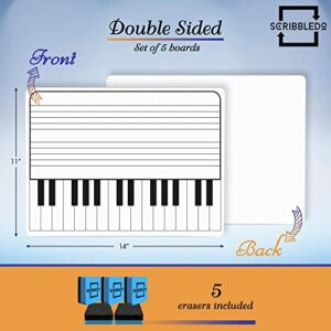 5 Pack 11 x 14 Inch Piano Board Dry Erase White Boards Lapboard l Double Sided Music Staff whiteboard for Kids Students, Musicians and Home (5 Erasers Included)