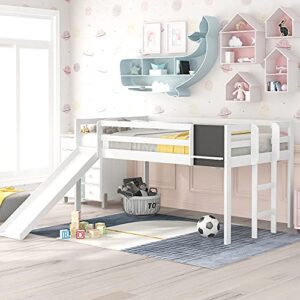 bellemave kids loft bed with slide, wood loft bed boys girls twin size, low loft bed with chalkboard(white)