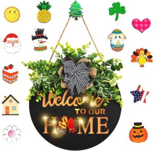 interchangeable welcome sign front door decor,wingaye spring summer wood wreath with 15 pcs holiday icons,all seasons welcome wreath porch hanging decoration with lights for home farmhouse