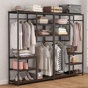 Tribesigns Free-standing Closet Organzier, Double Hanging Rod Clothes Garment Racks with Storage Shelvels, Heavy Duty Metal Closet Storage Clothing Shelving for Bedroom, Capacity 400 lbs (rustic)