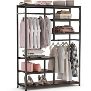tribesigns free-standing closet organzier, double hanging rod clothes garment racks with storage shelvels, heavy duty metal closet storage clothing shelving for bedroom, capacity 400 lbs (rustic)