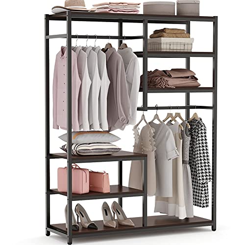 Tribesigns Free-standing Closet Organzier, Double Hanging Rod Clothes Garment Racks with Storage Shelvels, Heavy Duty Metal Closet Storage Clothing Shelving for Bedroom, Capacity 400 lbs (rustic)