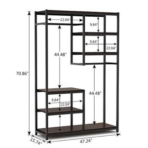 Tribesigns Free-standing Closet Organzier, Double Hanging Rod Clothes Garment Racks with Storage Shelvels, Heavy Duty Metal Closet Storage Clothing Shelving for Bedroom, Capacity 400 lbs (rustic)