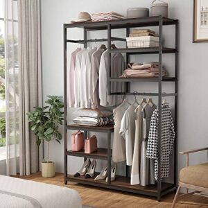 Tribesigns Free-standing Closet Organzier, Double Hanging Rod Clothes Garment Racks with Storage Shelvels, Heavy Duty Metal Closet Storage Clothing Shelving for Bedroom, Capacity 400 lbs (rustic)