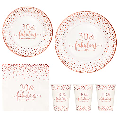 Crisky Rose Gold Foil 30 Fabulous Napkins Plates Cups Set for Women 30th Birthday Party Decorations Supplies, Disposable Tableware Set of 24 (9" Plates, 7" Plates, Luncheon Napkins, 9oz Cups)