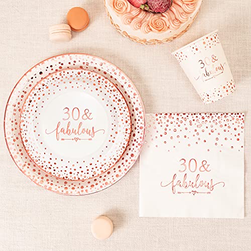 Crisky Rose Gold Foil 30 Fabulous Napkins Plates Cups Set for Women 30th Birthday Party Decorations Supplies, Disposable Tableware Set of 24 (9" Plates, 7" Plates, Luncheon Napkins, 9oz Cups)