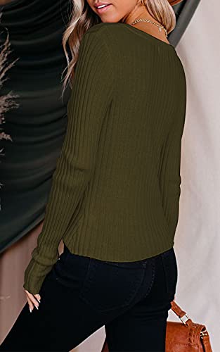 PRETTYGARDEN V Neck Sweater Women - Long Sleeve Sexy Knit Pullover Sweaters (Green, Large)