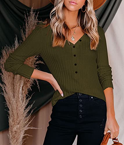 PRETTYGARDEN V Neck Sweater Women - Long Sleeve Sexy Knit Pullover Sweaters (Green, Large)