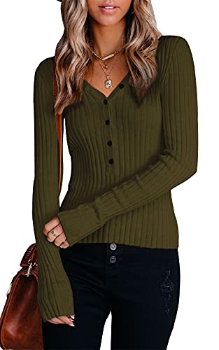 PRETTYGARDEN V Neck Sweater Women - Long Sleeve Sexy Knit Pullover Sweaters (Green, Large)