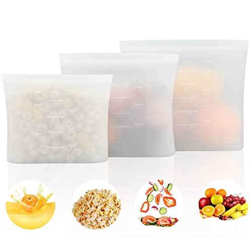 Bongpuda Silicone Ziplock Bags Food Storage Organizers, Frozen Veggies Gallon Bags, Reusable Snack Bags For Kids - Fresh Vegetables, Cook, Store, Sous Vide, Or Freeze | Leakproof (Stand-Up Bags 3 Packs)