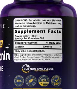 Carlyle Melatonin 300 mcg | 365 Tablets | Low Dose | Vegetarian, Non-GMO, Gluten Free