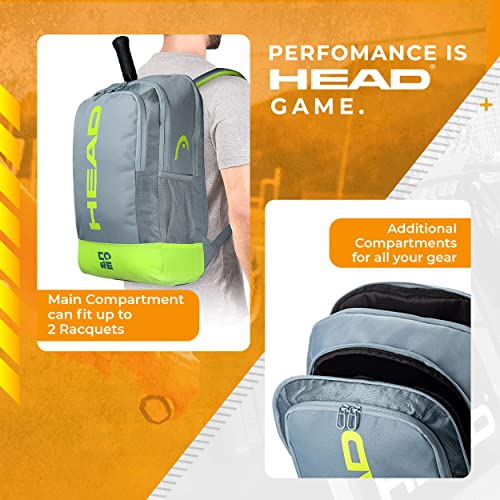 HEAD Core Tennis Backpack - 2 Racquet Carrying Bag w/Padded Shoulder Straps / Grey/Yellow / Large