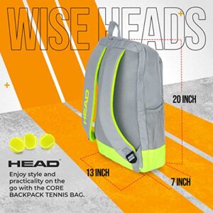 HEAD Core Tennis Backpack - 2 Racquet Carrying Bag w/Padded Shoulder Straps / Grey/Yellow / Large