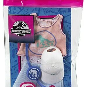 Barbie Doll Clothes Inspired by Jurassic World: Dominion, Complete Look with 2 Accessories, Pink Sleeveless Crop Top with Dinosaur Graphic & Blue Shorts, Fanny Pack & Hat, Gift for Kids 3 to 8 Years