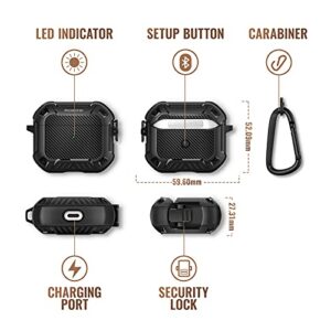 MOBOSI Compatible with AirPods 3 Generation Charging Case (2021), Secure Lock Clip Full Body Rugged Hard Shell Protective Cover with Keychain, Black