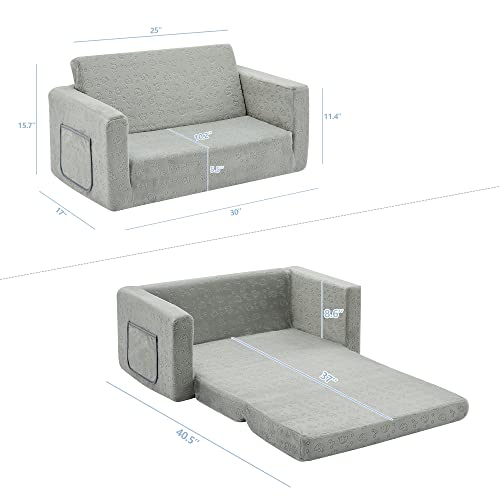 Ulax Furniture Kids Fold Out Couch 2-in-1 Children Convertible Sofa to Lounger with Soft Plush Fabric Grey