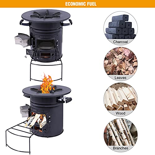 Lineslife Camping Rocket Stove Wood Burning Portable for Cooking, Outdoor Camping Wood Stove with Carry Bag for Backpacking Emergency RV Survival, Versatility of Fuel, Black Two Doors 12.6''