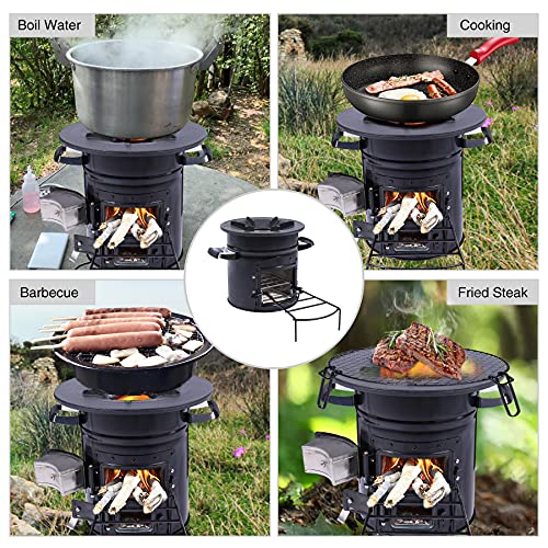 Lineslife Camping Rocket Stove Wood Burning Portable for Cooking, Outdoor Camping Wood Stove with Carry Bag for Backpacking Emergency RV Survival, Versatility of Fuel, Black Two Doors 12.6''