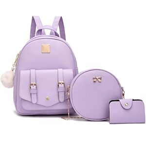 I IHAYNER Women 3-Pieces Fahsion Leather Backpack Purse Set for Women Rucksack for Ladies Satchel Shoulder Bag for Women Purple