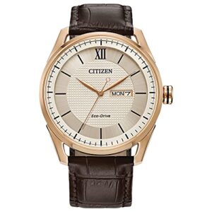citizen men's classic eco-drive watch with 3-hand day and date, brown leather strap/ rose gold