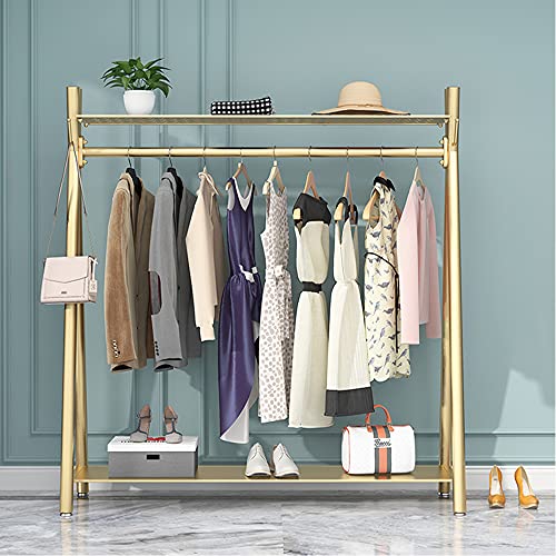 Clothes rack Gold, Freestanding Industrial Garment Rack with Double shelves Multi-functional Bedroom Hanging Clothing Rack,Heavy Duty Movable Coat Rack for Organizing Clothes and Shoes (59'' L)