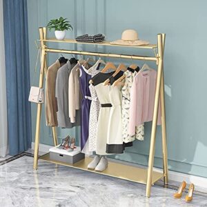 Clothes rack Gold, Freestanding Industrial Garment Rack with Double shelves Multi-functional Bedroom Hanging Clothing Rack,Heavy Duty Movable Coat Rack for Organizing Clothes and Shoes (59'' L)