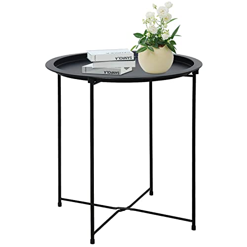 Garden 4 you Folding Tray Metal Side Table Black Round End Table Cyan Sofa Small Accent Fold-able Table, Round End Table Tray, Next to Sofa Table, Snack Table for Living Room and Bed Room