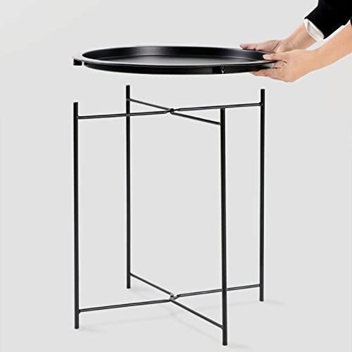 Garden 4 you Folding Tray Metal Side Table Black Round End Table Cyan Sofa Small Accent Fold-able Table, Round End Table Tray, Next to Sofa Table, Snack Table for Living Room and Bed Room