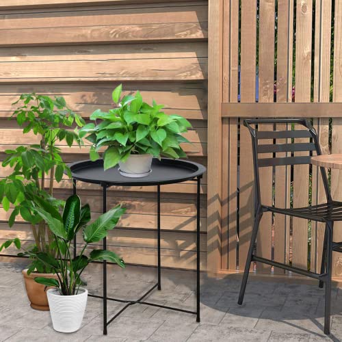 Garden 4 you Folding Tray Metal Side Table Black Round End Table Cyan Sofa Small Accent Fold-able Table, Round End Table Tray, Next to Sofa Table, Snack Table for Living Room and Bed Room