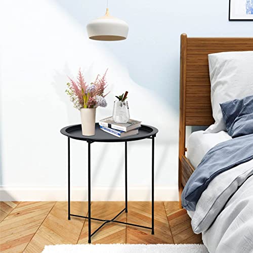 Garden 4 you Folding Tray Metal Side Table Black Round End Table Cyan Sofa Small Accent Fold-able Table, Round End Table Tray, Next to Sofa Table, Snack Table for Living Room and Bed Room