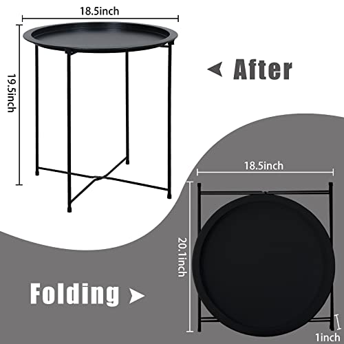 Garden 4 you Folding Tray Metal Side Table Black Round End Table Cyan Sofa Small Accent Fold-able Table, Round End Table Tray, Next to Sofa Table, Snack Table for Living Room and Bed Room