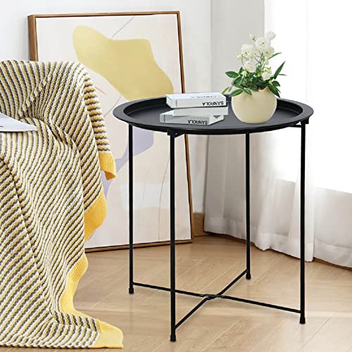 Garden 4 you Folding Tray Metal Side Table Black Round End Table Cyan Sofa Small Accent Fold-able Table, Round End Table Tray, Next to Sofa Table, Snack Table for Living Room and Bed Room