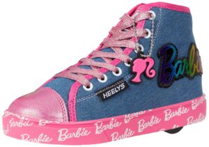 heelys girl's hustle barbie (little kid/big kid/adult) denim/pink/rainbow 7 big kid (women's 8) m
