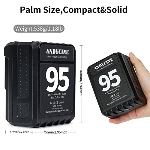 ANDYCINE Mini V-Mount Battery V-Lock 95Wh 10A Draw Batteries with Dual D-Tap & USB-A Output to Power Camcorder Camera,Compatible with BMPCC 4K,6K, Led Studio Lights(Battery Charger NOT Includ)