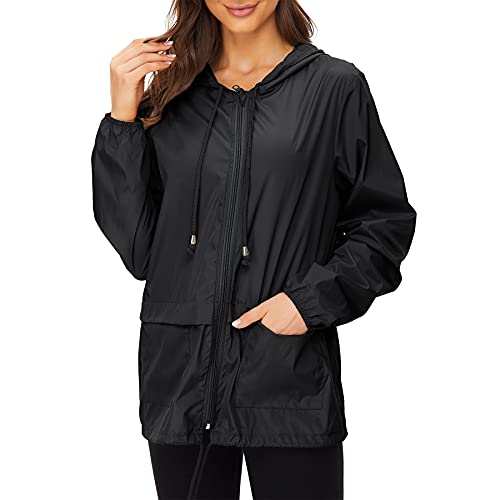 Zando Lightweight Rain Jacket Women with Hood Packable Raincoats for Adults Women Plus Size Rain Jackets for Women Waterproof Anorak Jacket Womens Windbreaker Jacket Black XL