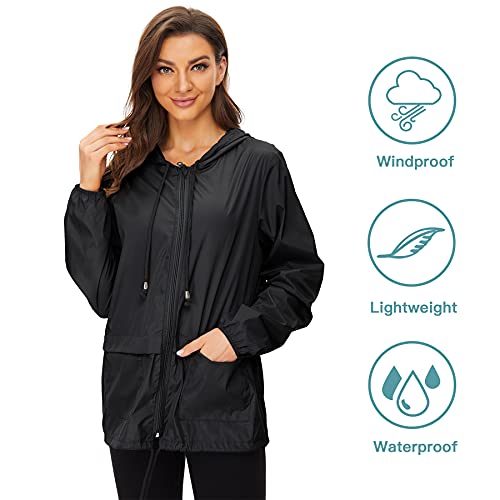 Zando Lightweight Rain Jacket Women with Hood Packable Raincoats for Adults Women Plus Size Rain Jackets for Women Waterproof Anorak Jacket Womens Windbreaker Jacket Black XL