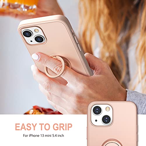 Hython Case for iPhone 13 Mini Case with Ring Stand [360° Rotatable Ring Holder Magnetic Kickstand] [Soft Microfiber Lining] Slim Shockproof Rubber Protective Phone Case Cover for Women, Pink Sand