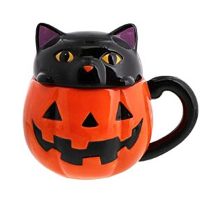 servette home halloween soup mug with lid (orange jack 'o lantern pumpkin & black cat)