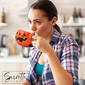 Servette Home Halloween Soup Mug with Lid (Orange Jack 'o Lantern Pumpkin & Black Cat)