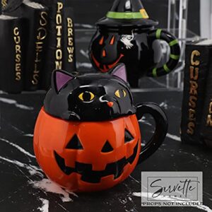 Servette Home Halloween Soup Mug with Lid (Orange Jack 'o Lantern Pumpkin & Black Cat)